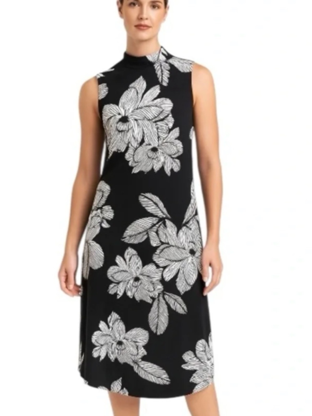 Chico’s Sleeveless Black Dress With Bold White Floral